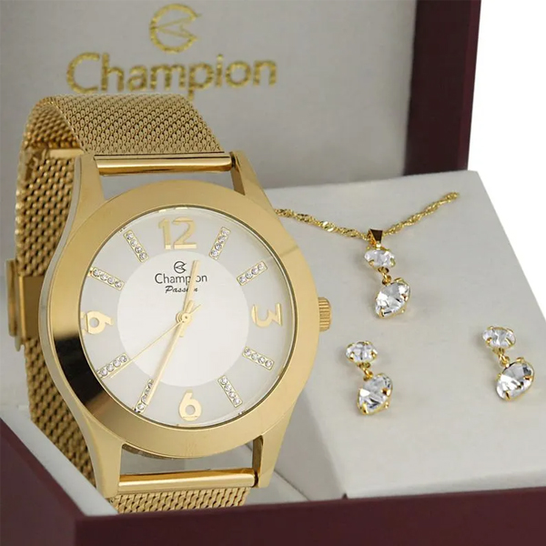 Kit Relógio Feminino Analógico Champion Dourado - CN28713B